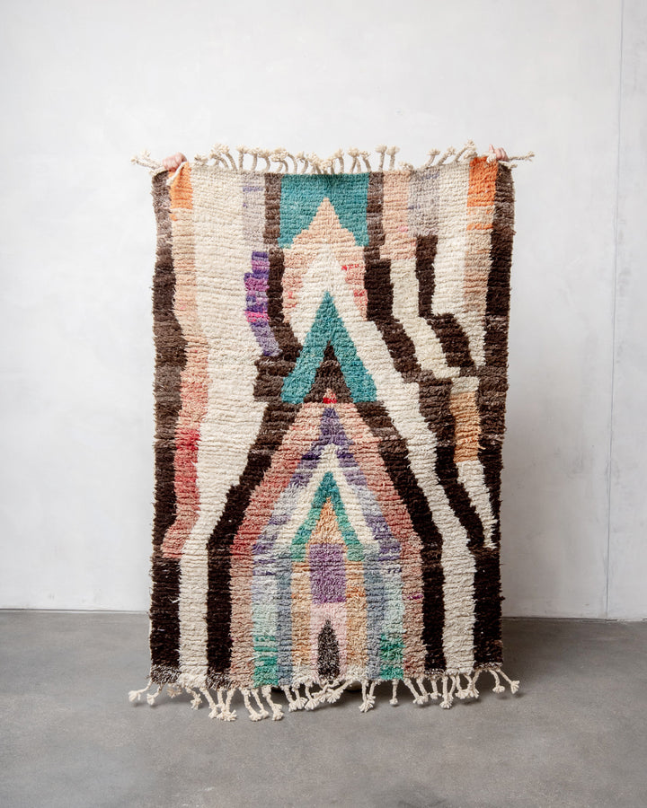 Modern, designer, handcrafted Berber rug from Morocco. Vintage carpet with beautiful colours and patterns and fluffy texture.