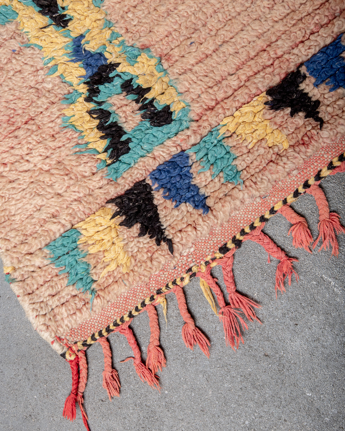 Modern, designer, handcrafted Berber rug from Morocco. Vintage carpet with beautiful colours and patterns and fluffy texture.