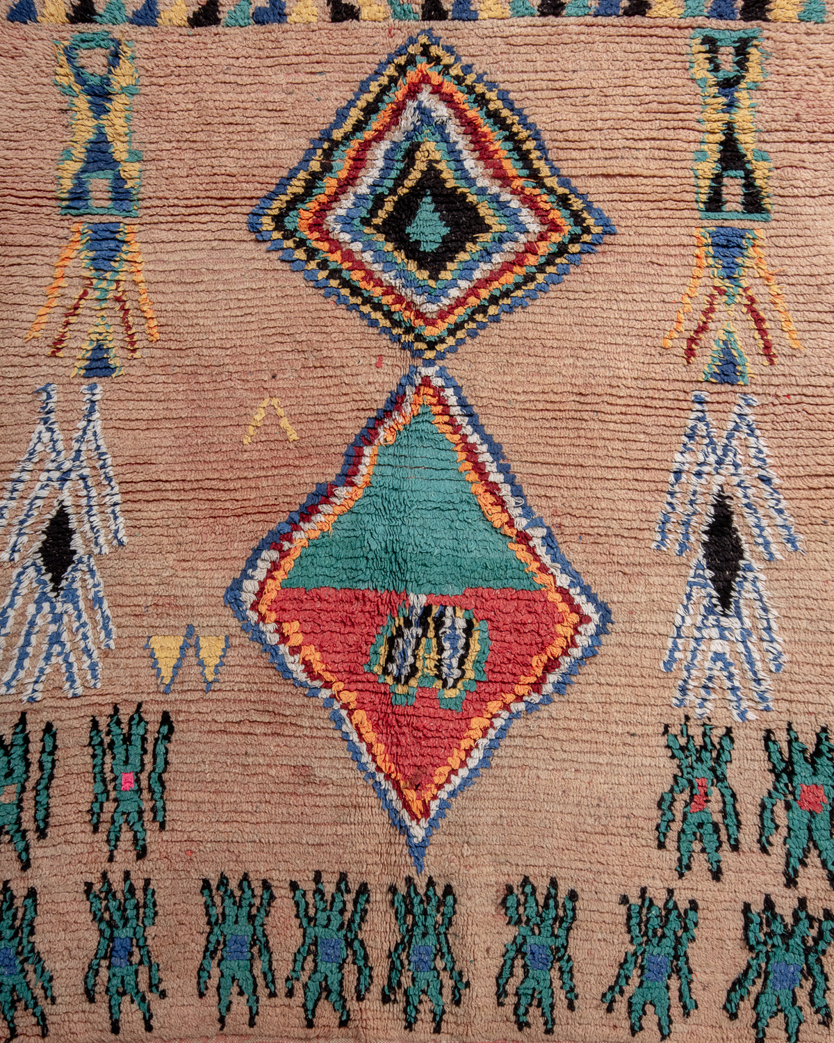 Modern, designer, handcrafted Berber rug from Morocco. Vintage carpet with beautiful colours and patterns and fluffy texture.