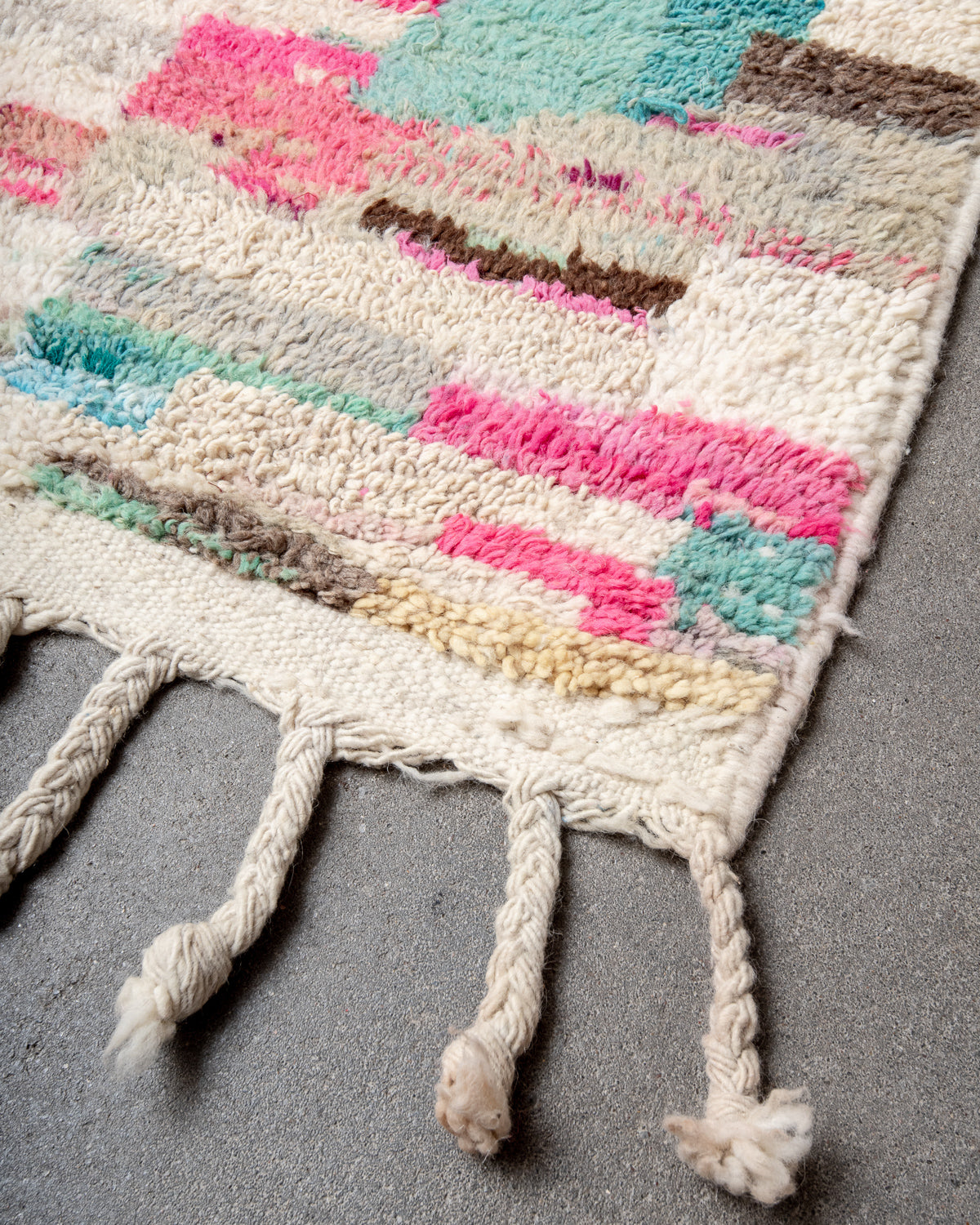Modern, designer, handcrafted Berber rug from Morocco. Vintage carpet with beautiful colours and patterns and fluffy texture.