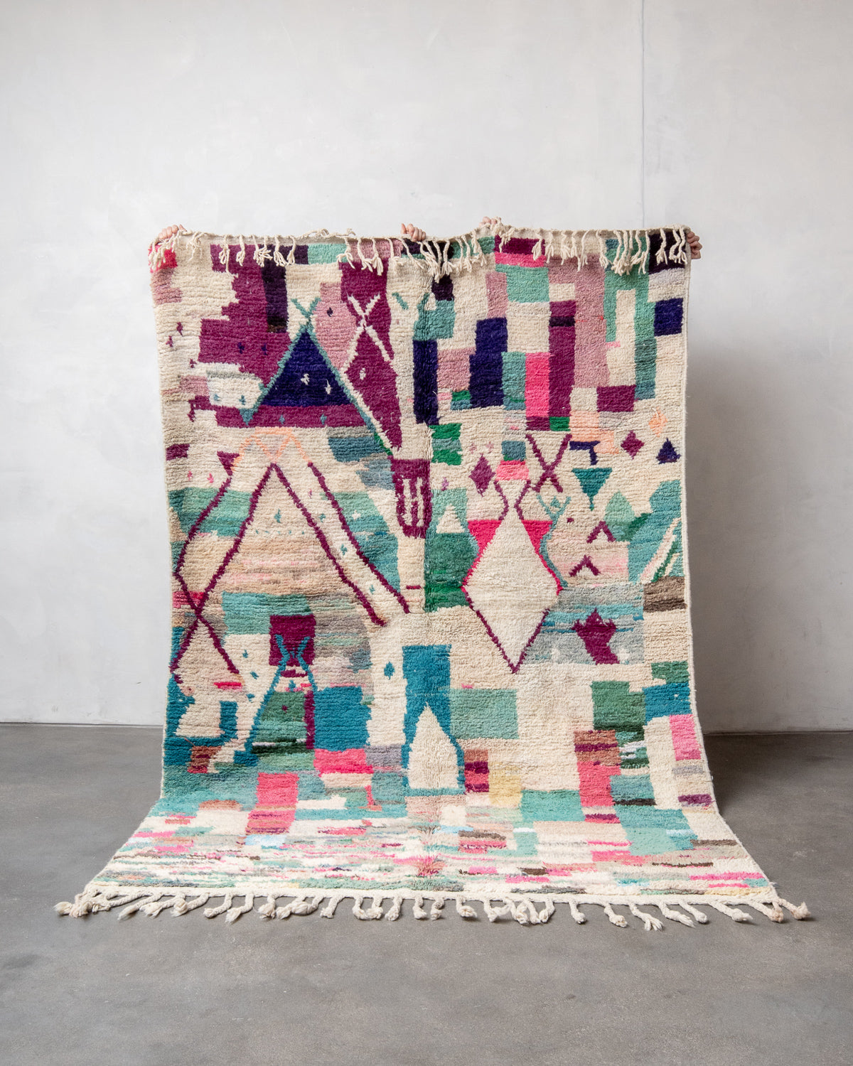 Modern, designer, handcrafted Berber rug from Morocco. Vintage carpet with beautiful colours and patterns and fluffy texture.