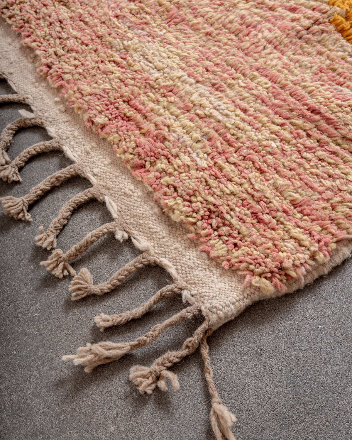 Modern, designer, handcrafted Berber rug from Morocco. Vintage carpet with beautiful colours and patterns and fluffy texture.