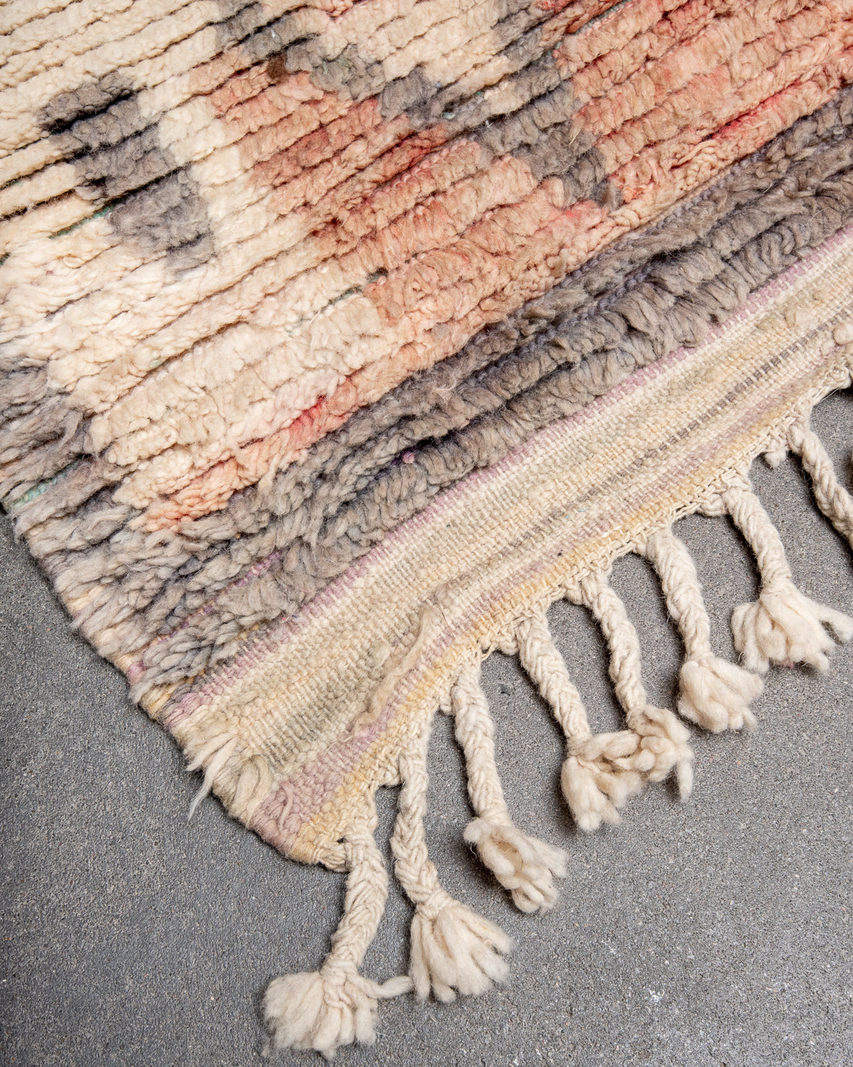 Modern, designer, handcrafted Berber rug from Morocco. Vintage carpet with beautiful colours and patterns and fluffy texture.