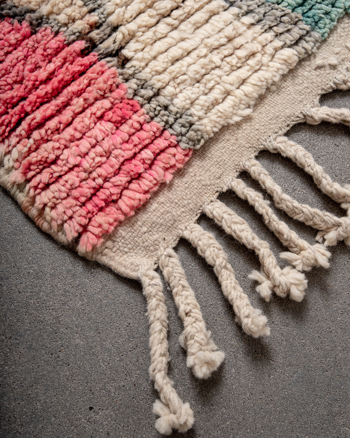 Modern, designer, handcrafted Berber runner rug from Morocco. Vintage carpet with beautiful colours and patterns and fluffy texture.