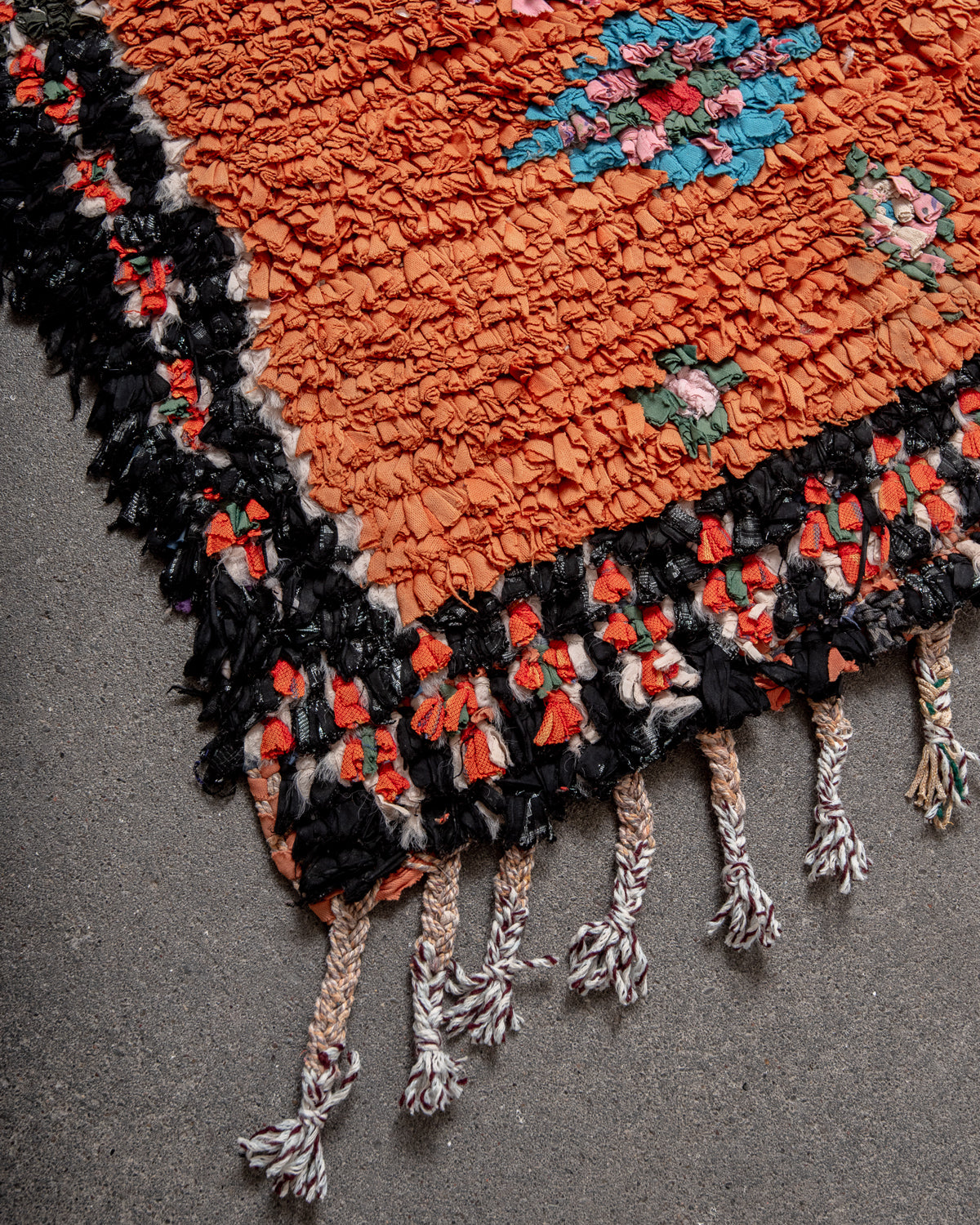 Modern designer vintage handcrafted Berber rug from Morocco. Boucherouite with beautiful colors and patterns.