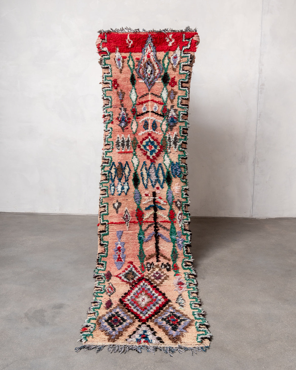 Modern, designer, handcrafted Berber runner rug from Morocco. Vintage carpet with beautiful colours and patterns and fluffy texture.