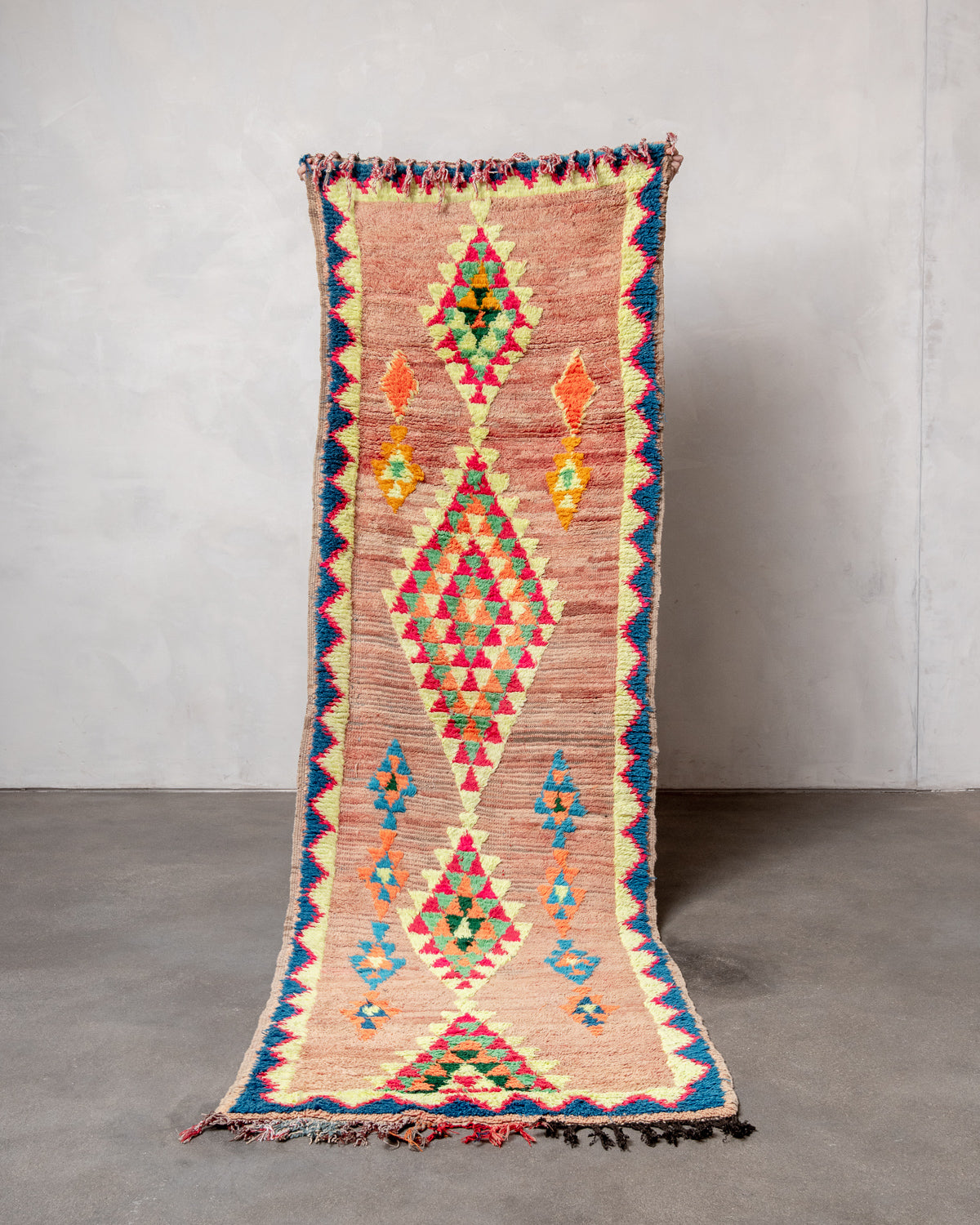 Modern, designer, handcrafted Berber runner rug from Morocco. Vintage carpet with beautiful colours and patterns and fluffy texture.