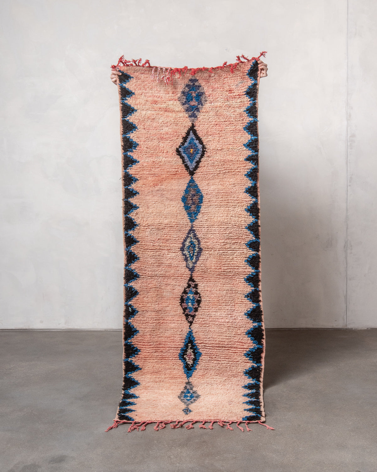 Modern, designer, handcrafted Berber runner rug from Morocco. Vintage carpet with beautiful colours and patterns and fluffy texture.