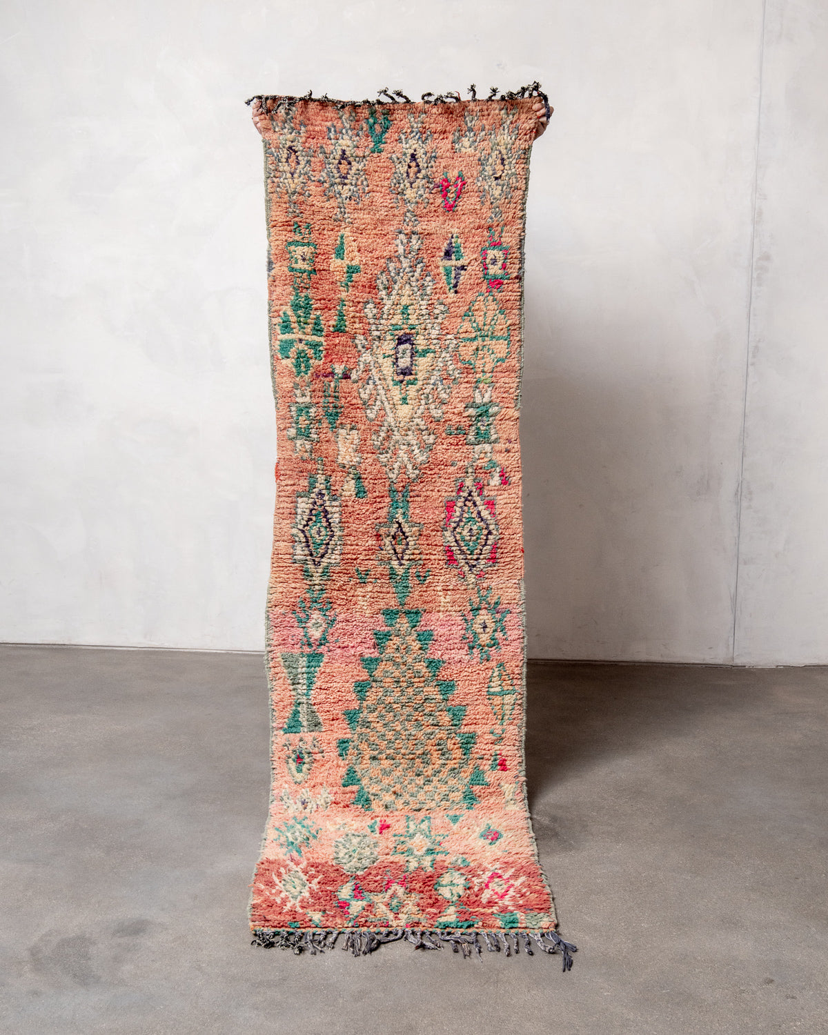 Modern, designer, handcrafted Berber runner rug from Morocco. Vintage carpet with beautiful colours and patterns and fluffy texture.