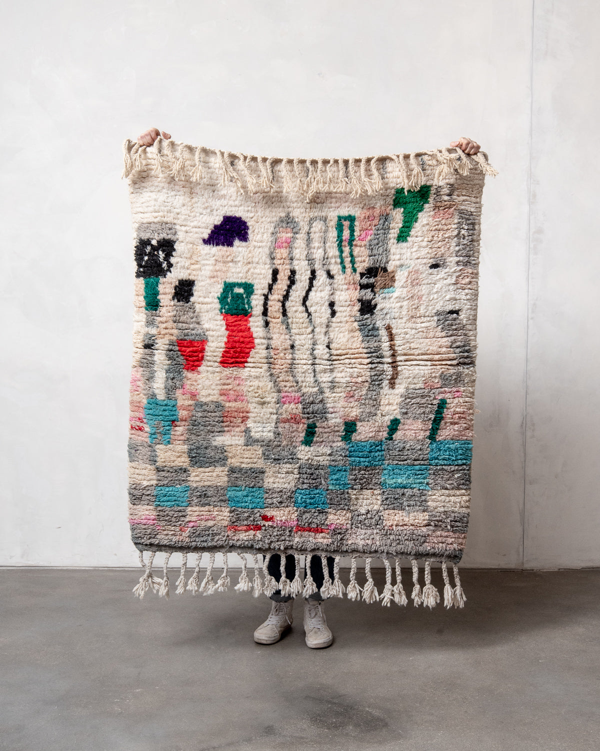 Modern, designer, handcrafted Berber rug from Morocco. Vintage carpet with beautiful colours and patterns and fluffy texture.