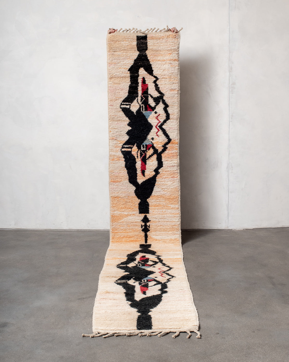 Modern, designer, handcrafted Berber runner rug from Morocco. Vintage carpet with beautiful colours and patterns and fluffy texture.