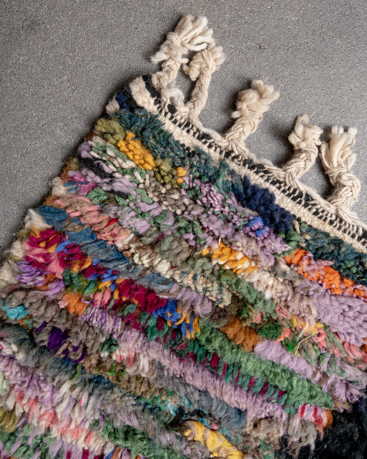 Modern, designer, handcrafted Berber runner rug from Morocco. Vintage carpet with beautiful colours and patterns and fluffy texture.