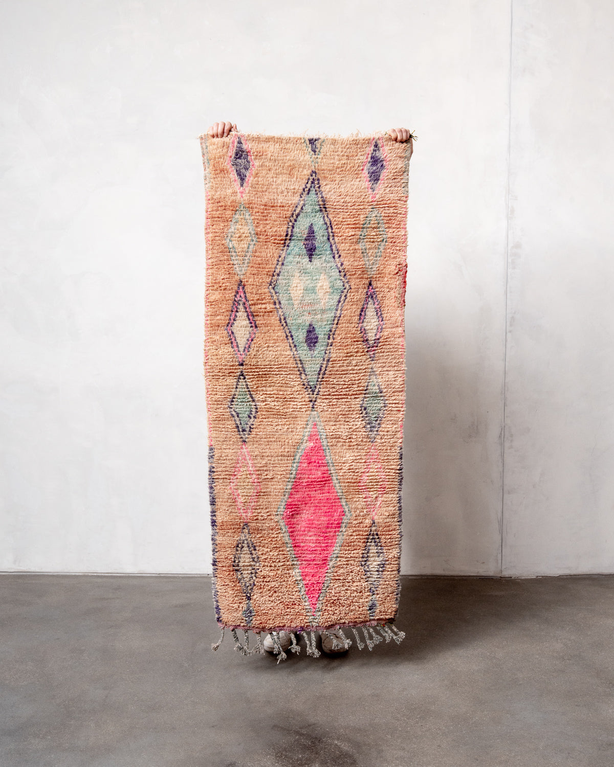 Modern, designer, handcrafted Berber runner rug from Morocco. Vintage carpet with beautiful colours and patterns and fluffy texture.