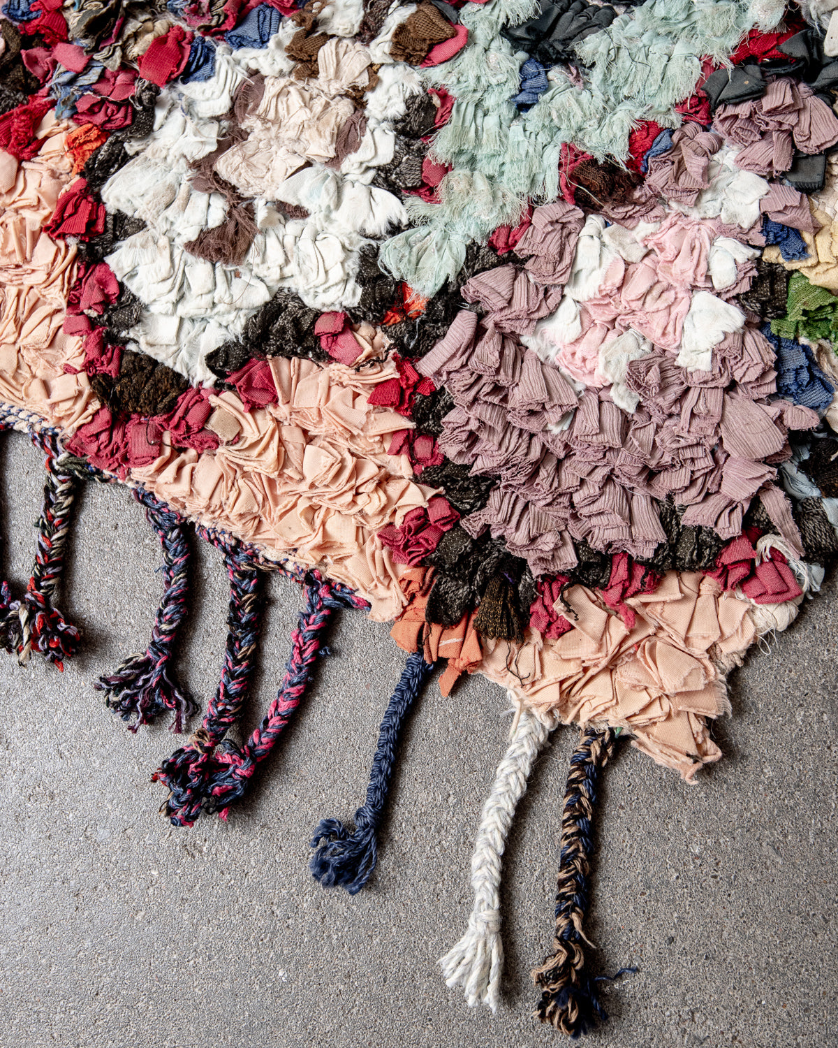 Modern designer vintage handcrafted Berber rug from Morocco. Boucherouite with beautiful colors and patterns.