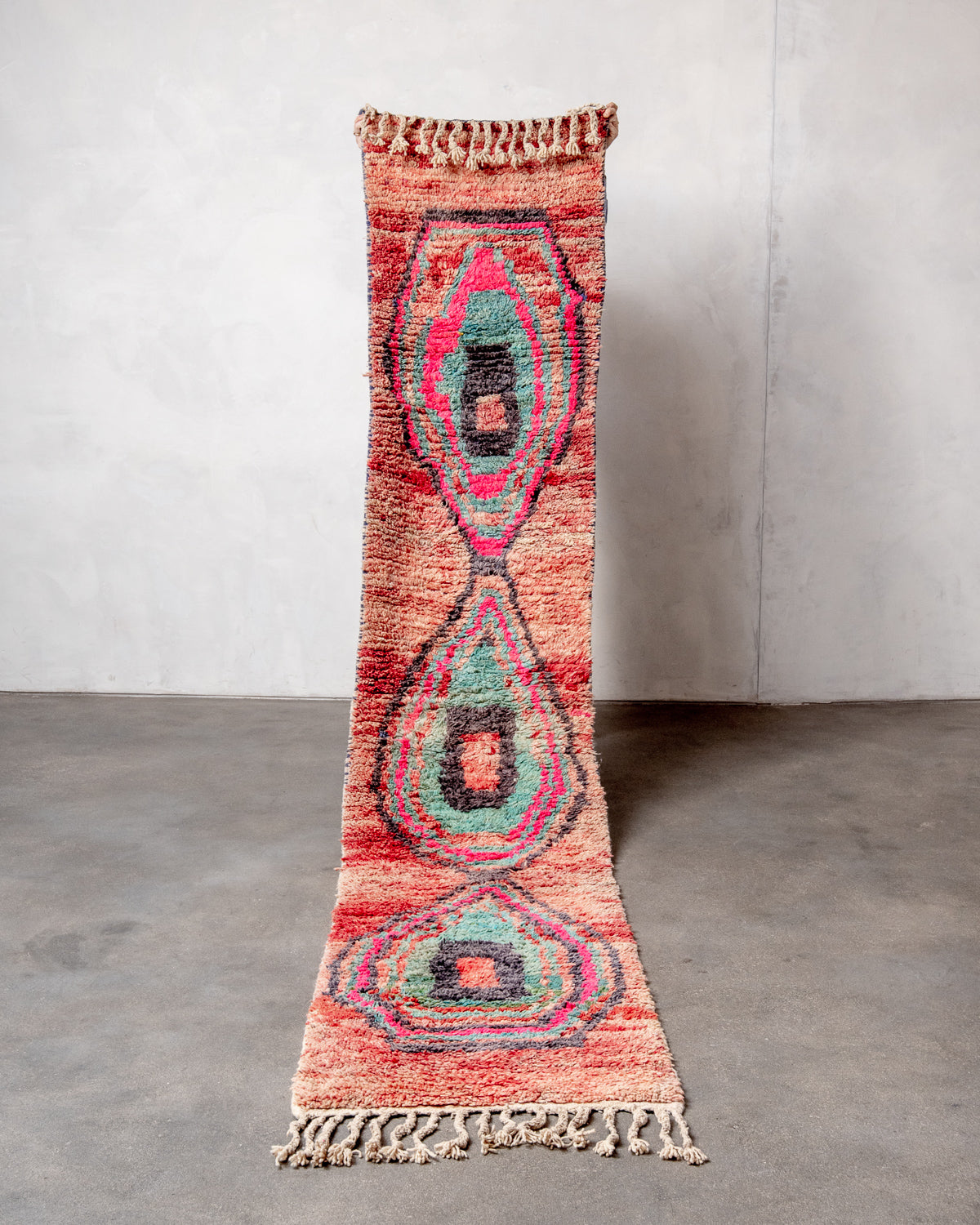 Modern, designer, handcrafted Berber runner rug from Morocco. Vintage carpet with beautiful colours and patterns and fluffy texture.