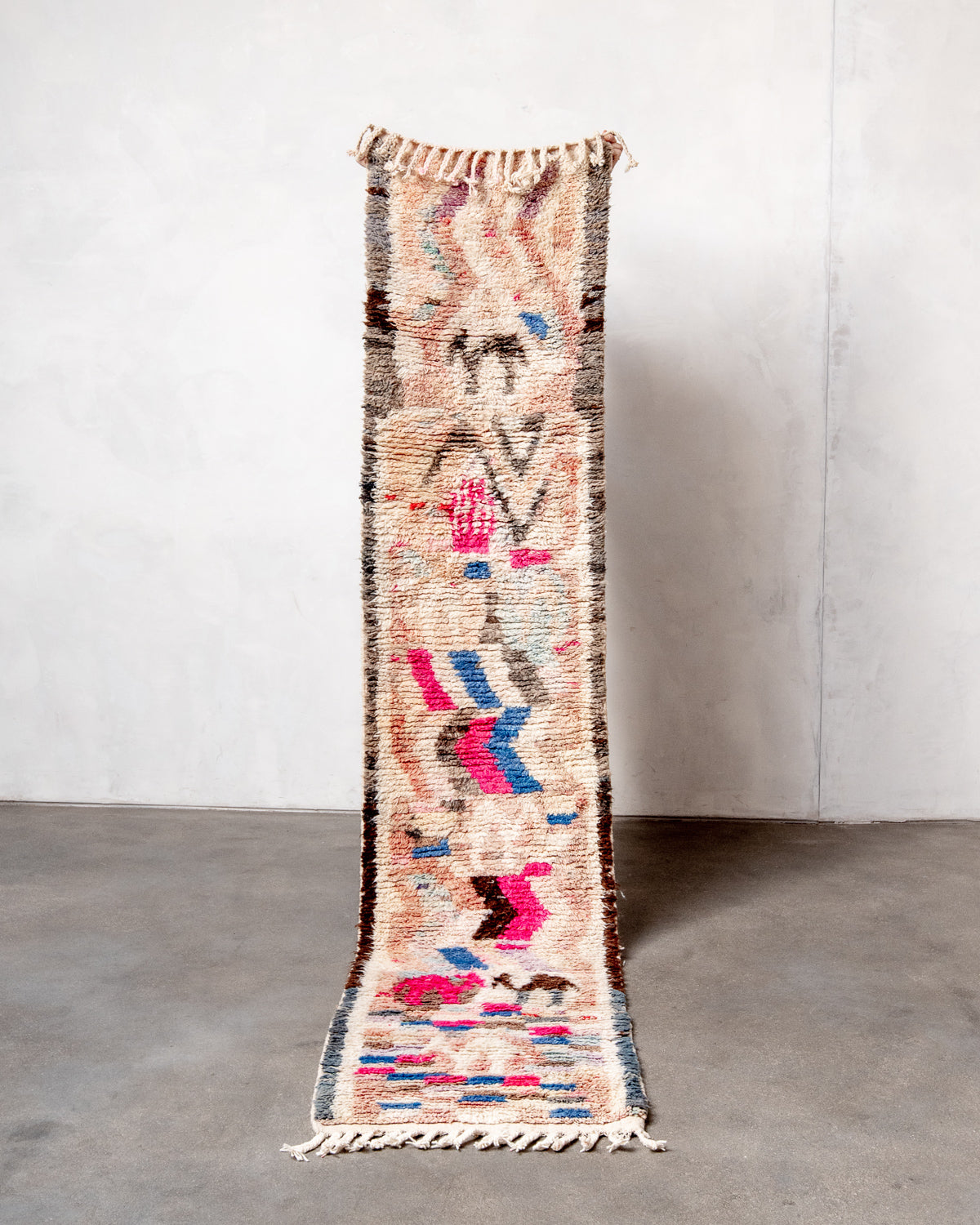 Modern, designer, handcrafted Berber runner rug from Morocco. Vintage carpet with beautiful colours and patterns and fluffy texture.