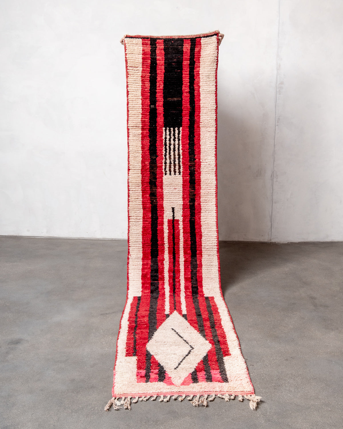 Modern, designer, handcrafted Berber runner rug from Morocco. Vintage carpet with beautiful colours and patterns and fluffy texture.