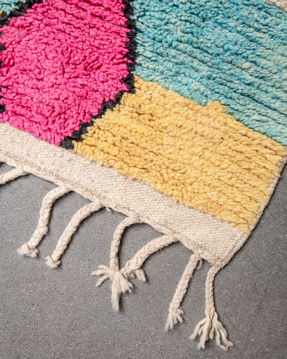 Modern, designer, handcrafted Berber runner rug from Morocco. Vintage carpet with beautiful colours and patterns and fluffy texture.