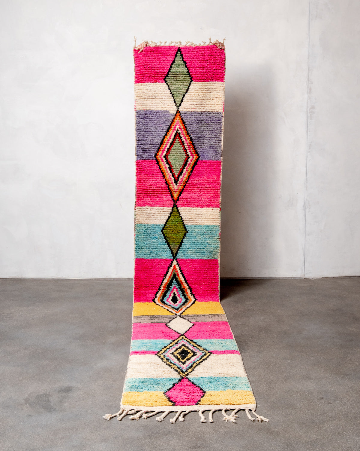 Modern, designer, handcrafted Berber runner rug from Morocco. Vintage carpet with beautiful colours and patterns and fluffy texture.
