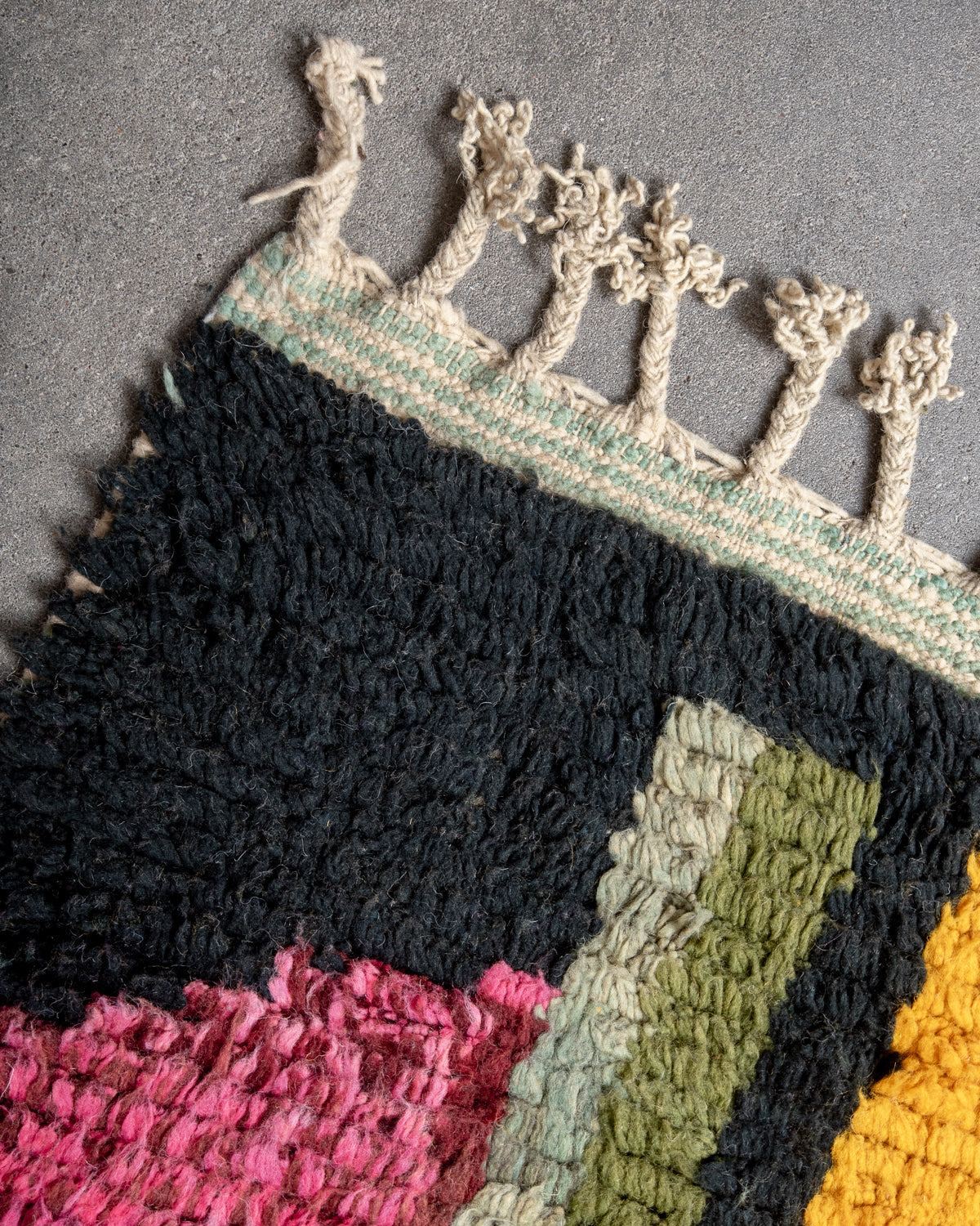 Modern, designer, handcrafted Berber rug from Morocco. Vintage carpet with beautiful colours and patterns and fluffy texture.