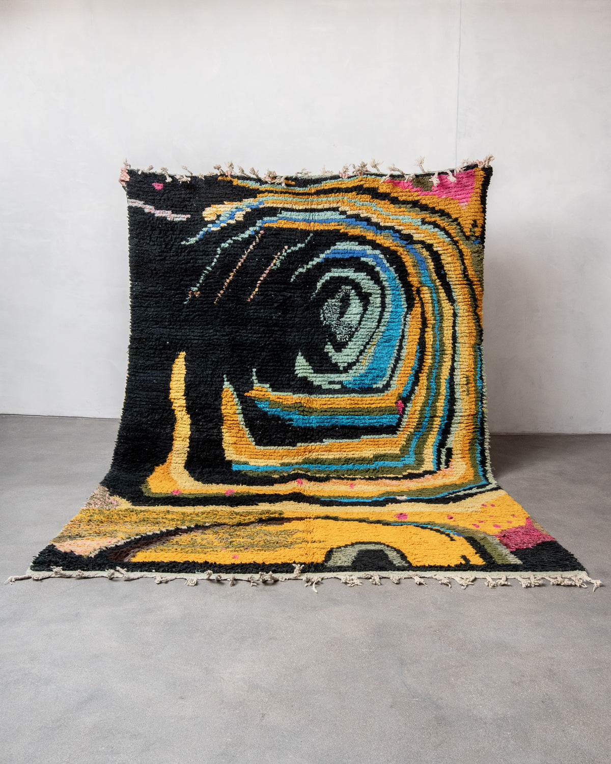 Modern, designer, handcrafted Berber rug from Morocco. Vintage carpet with beautiful colours and patterns and fluffy texture.