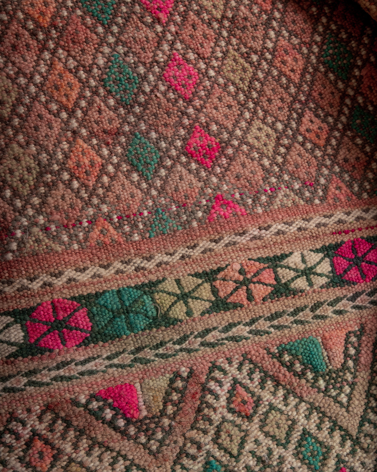 Modern, designer, handcrafted Berber rug from Morocco. Vintage Kelim carpet with beautiful designs and robust flat weave.