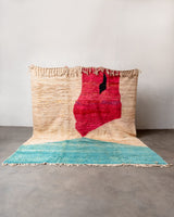Modern, designer, handcrafted Berber rug from Morocco. Vintage carpet with beautiful colours and patterns and fluffy texture.