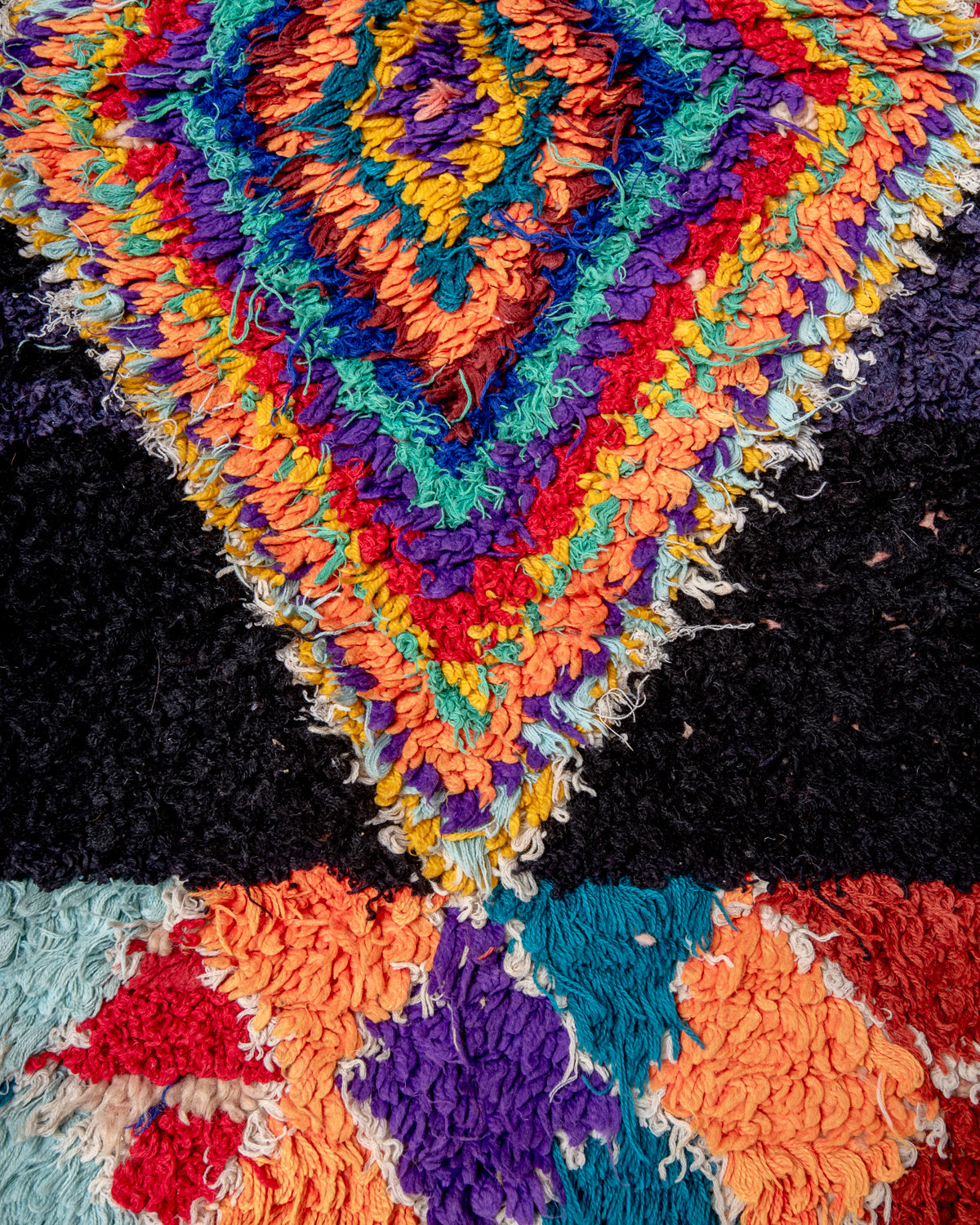 Modern, designer, handcrafted Berber rug from Morocco. Vintage carpet with beautiful colours and patterns and fluffy texture.