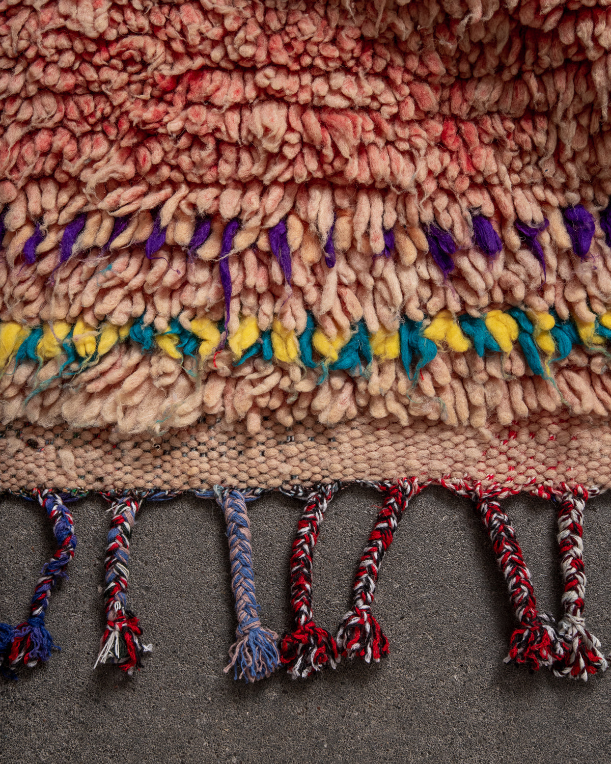 Modern, designer, handcrafted Berber rug from Morocco. Vintage carpet with beautiful colours and patterns and fluffy texture.