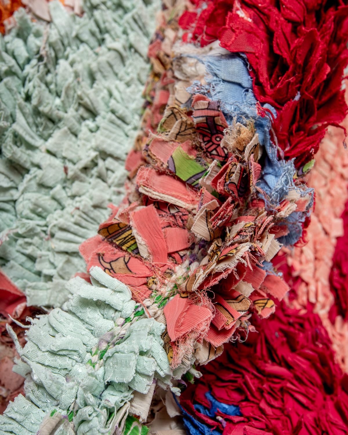 Modern designer vintage handcrafted Berber rug from Morocco. Boucherouite with beautiful colors and patterns.