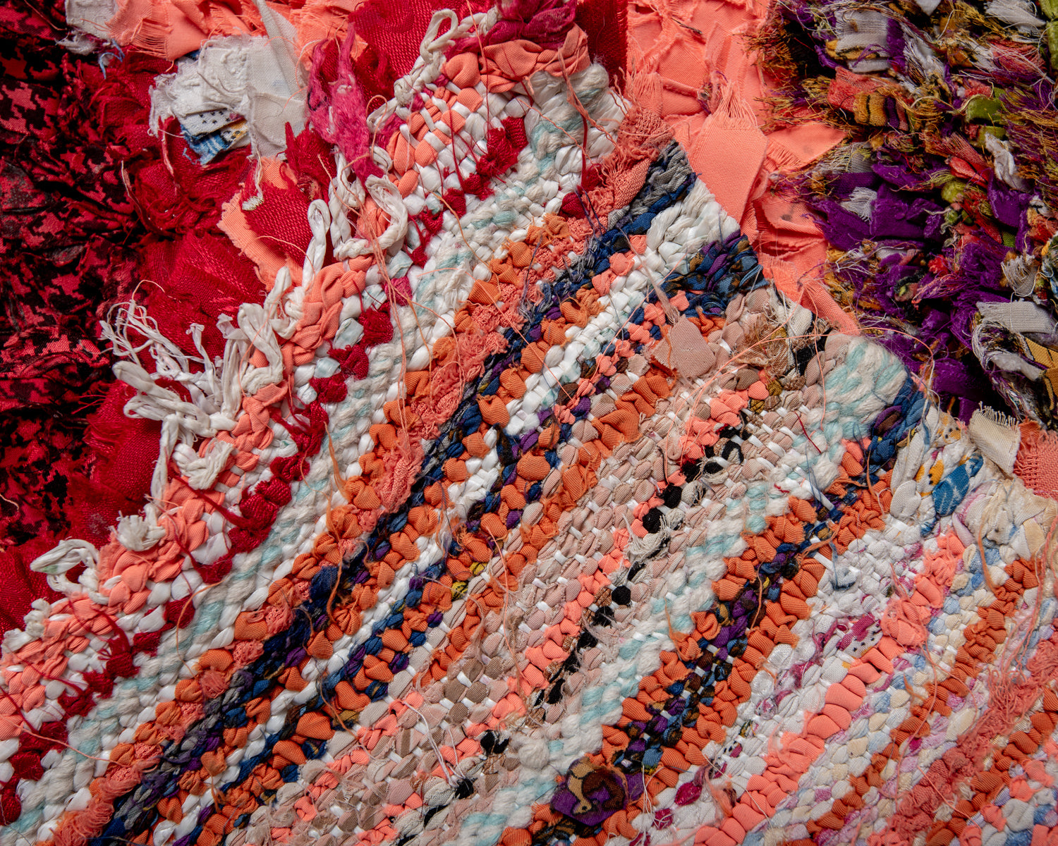 Modern designer vintage handcrafted Berber rug from Morocco. Boucherouite with beautiful colors and patterns.