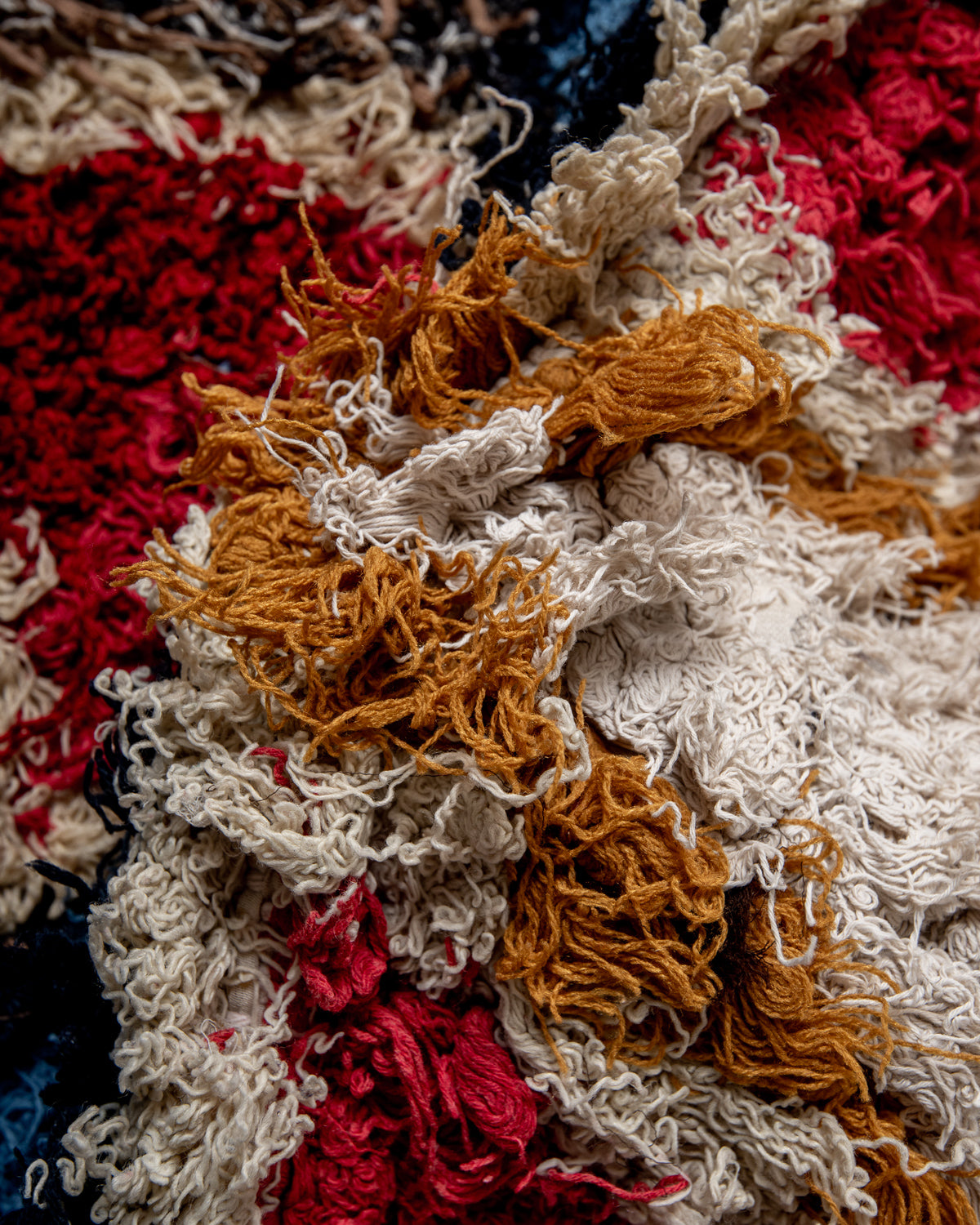 Modern designer vintage handcrafted Berber rug from Morocco. Boucherouite with beautiful colors and patterns.