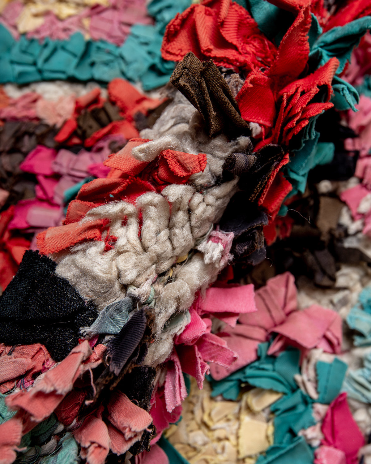 Modern designer vintage handcrafted Berber rug from Morocco. Boucherouite with beautiful colors and patterns.