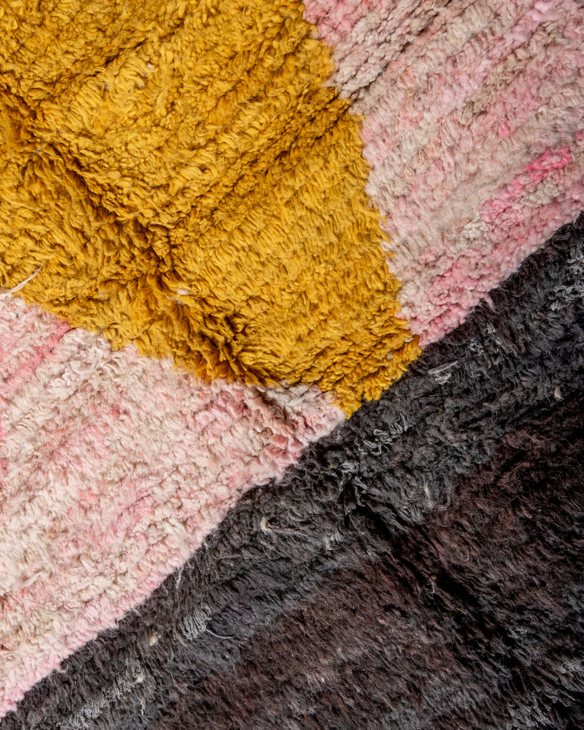 Modern, designer, handcrafted Berber rug from Morocco. Vintage carpet with beautiful colours and patterns and fluffy texture.