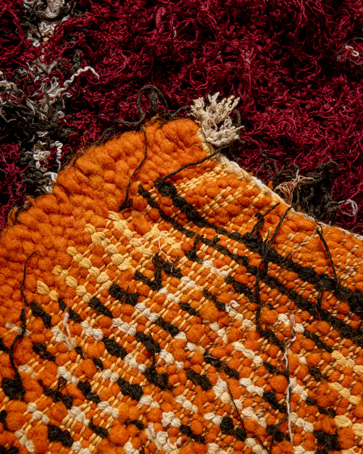 Modern designer vintage handcrafted Berber rug from Morocco. Boucherouite with beautiful colors and patterns.