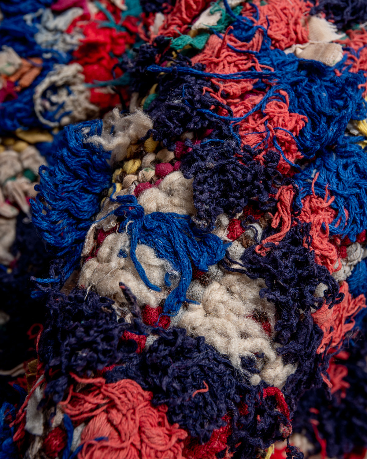 Modern designer vintage handcrafted Berber rug from Morocco. Boucherouite with beautiful colors and patterns.