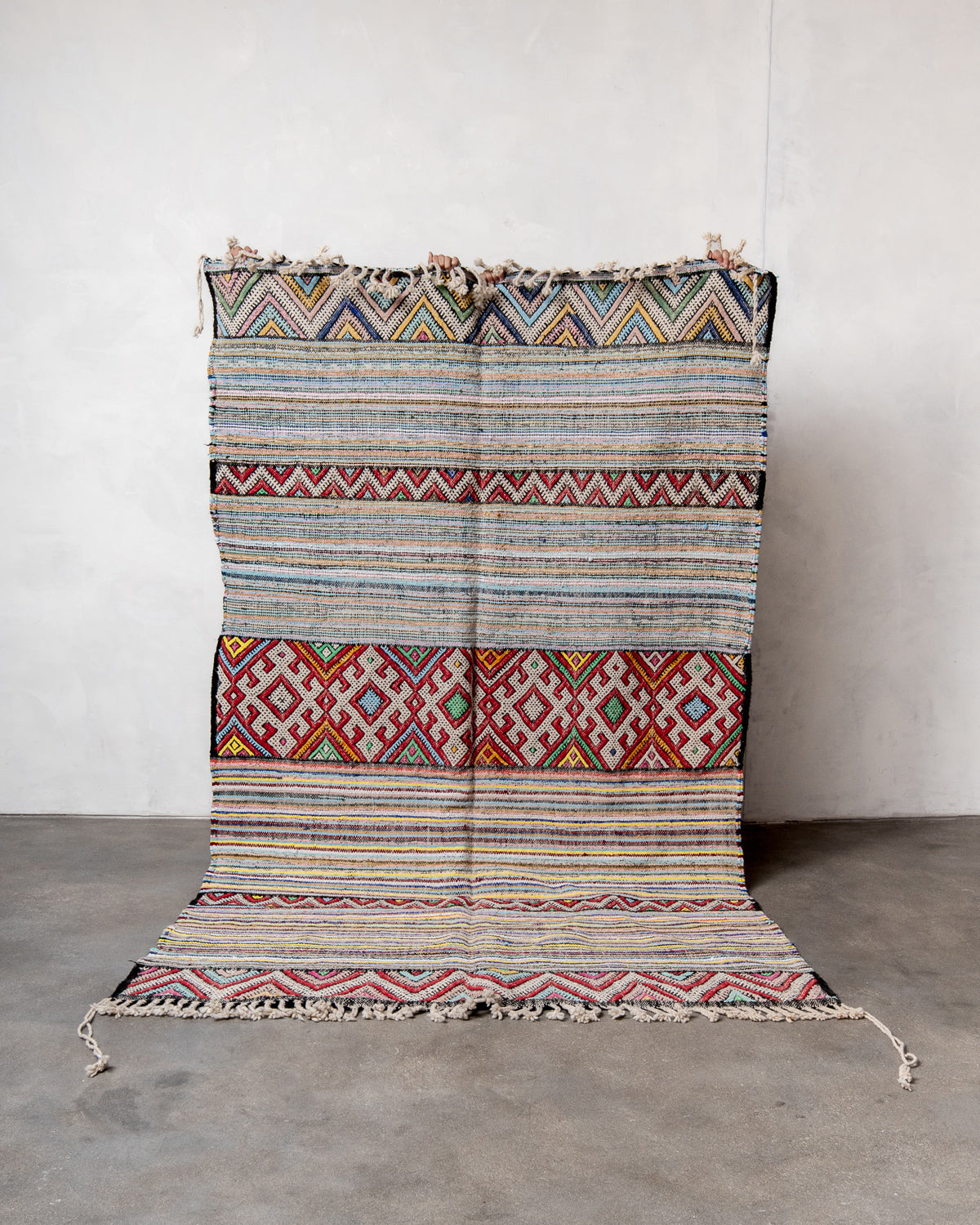 Modern, designer, handcrafted Berber rug from Morocco. Vintage Kelim carpet with beautiful designs and robust flat weave. 100% wool.