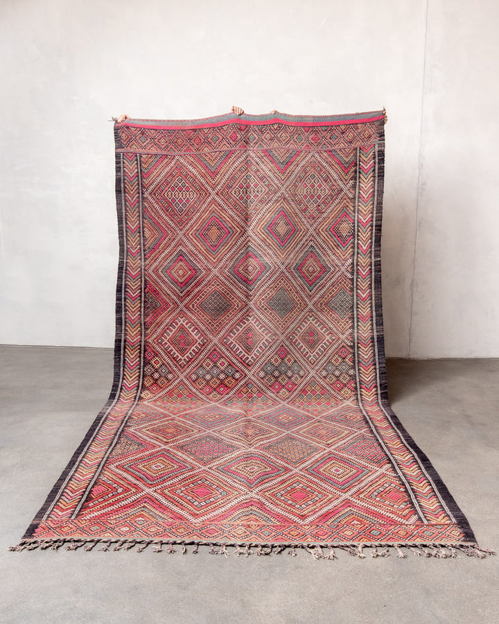 Modern, designer, handcrafted Berber rug from Morocco. Vintage Kelim carpet with beautiful designs and robust flat weave. 100% wool.