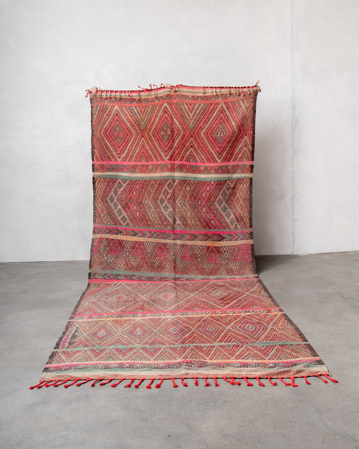 Modern, designer, handcrafted Berber rug from Morocco. Vintage Kelim carpet with beautiful designs and robust flat weave. 100% wool.
