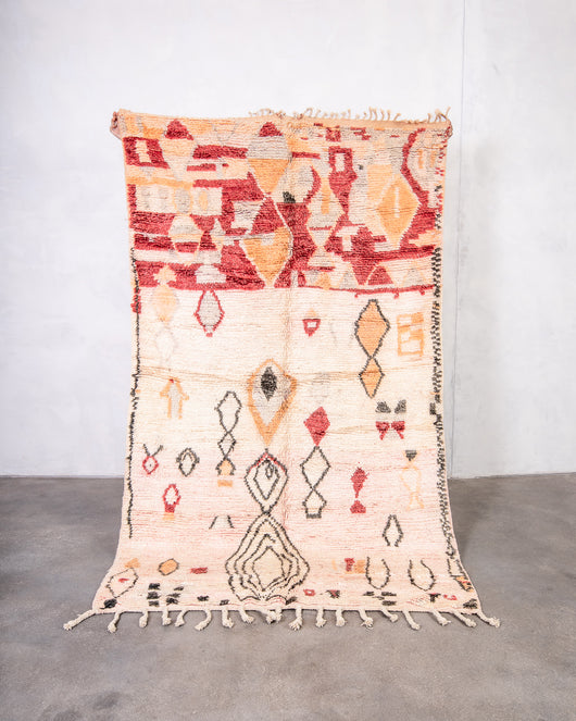 Modern, designer, handcrafted Berber rug from Morocco. Vintage carpet with beautiful colours and patterns and fluffy texture.