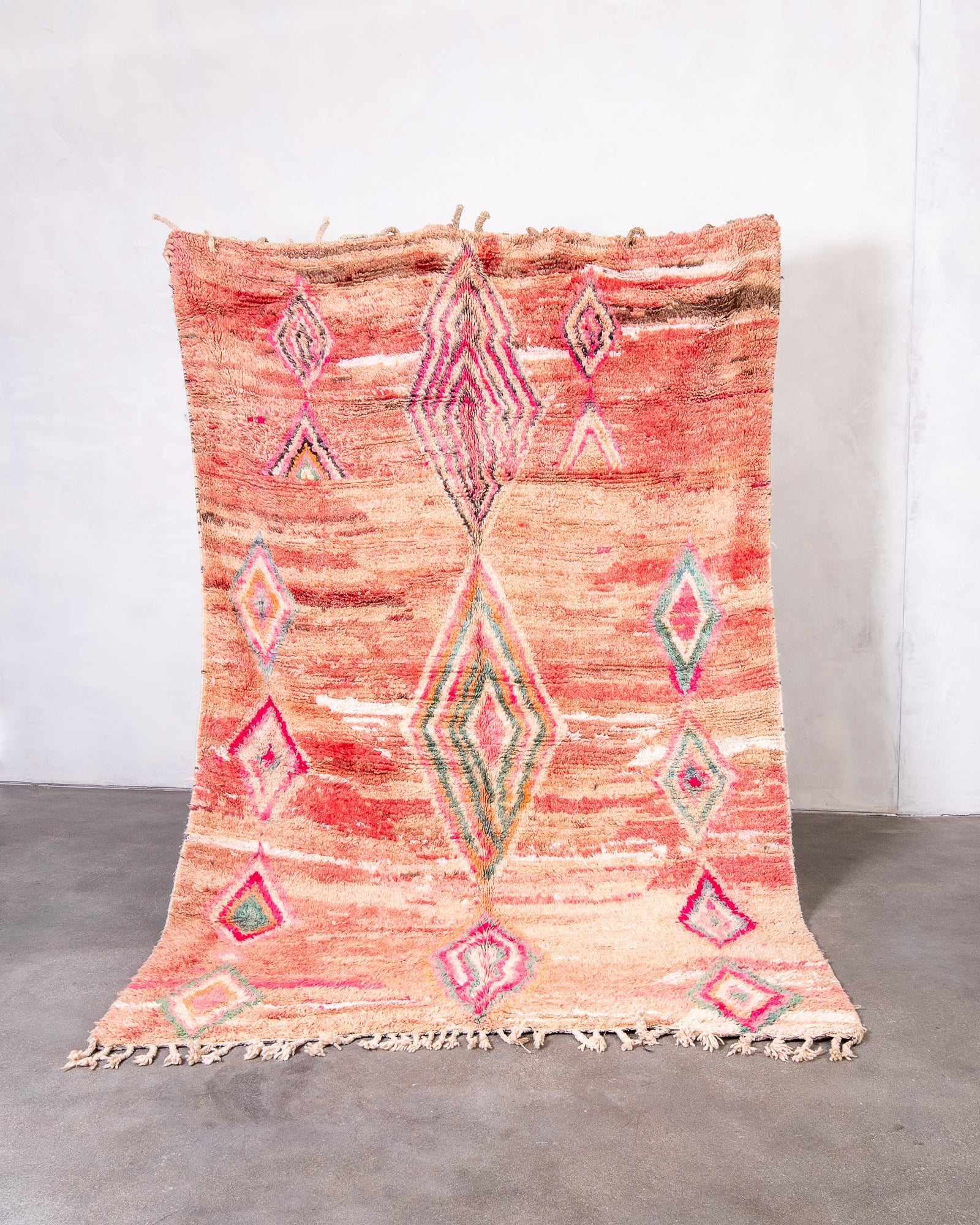 Modern, designer, handcrafted Berber rug from Morocco. Vintage carpet with beautiful colours and patterns and fluffy texture.