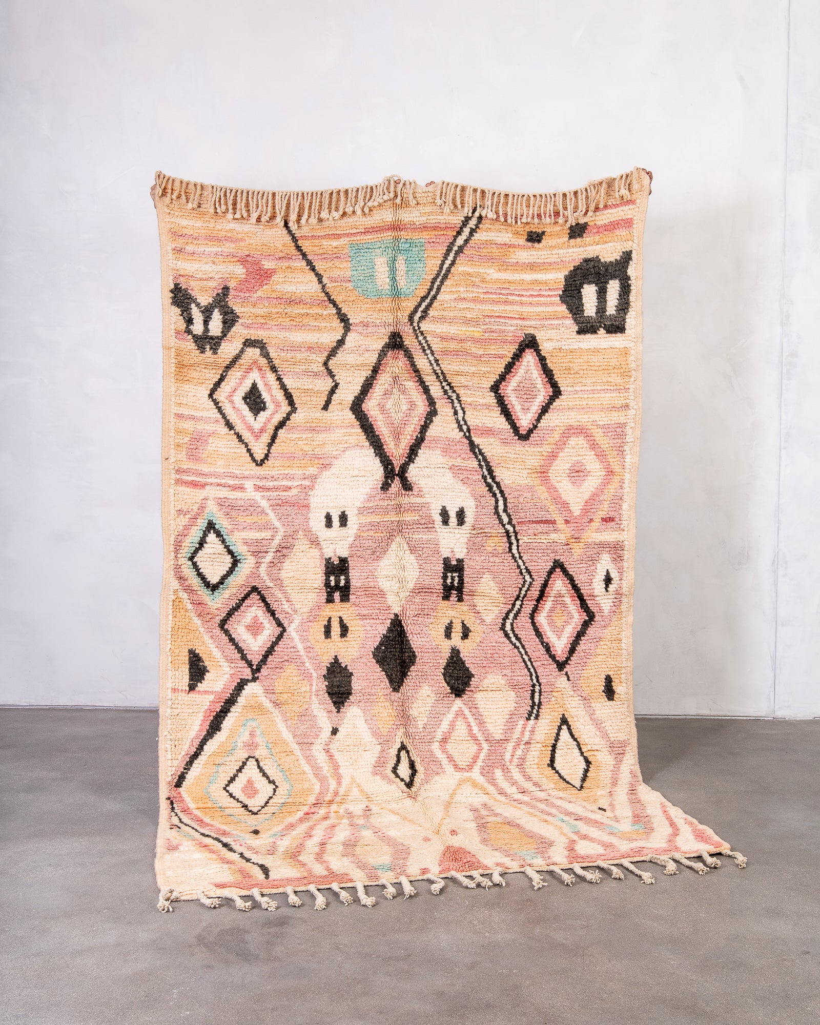 Modern, designer, handcrafted Berber rug from Morocco. Vintage carpet with beautiful colours and patterns and fluffy texture.