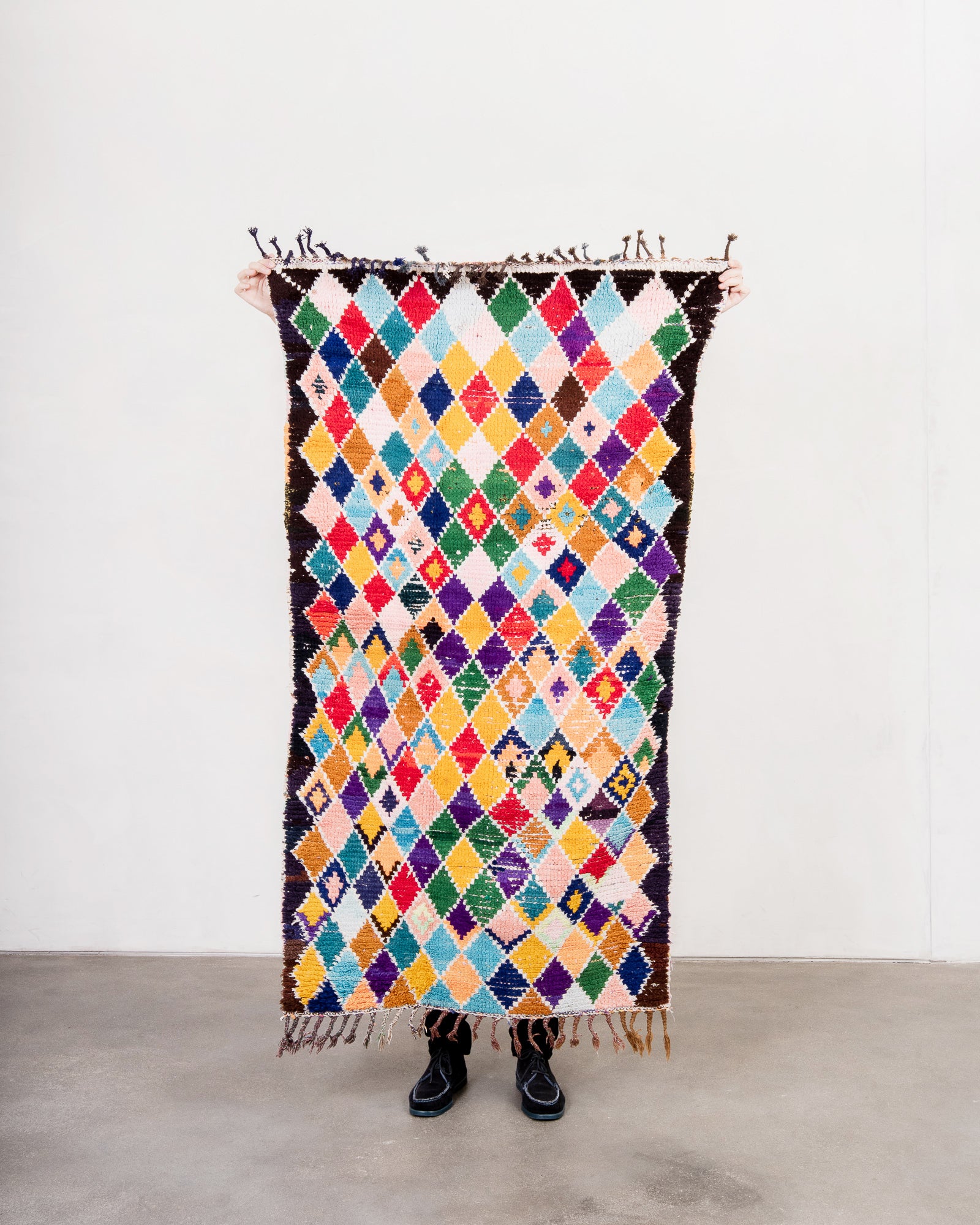 Modern, designer, handcrafted Berber rug from Morocco. Vintage carpet with beautiful colours and patterns and fluffy wool texture.