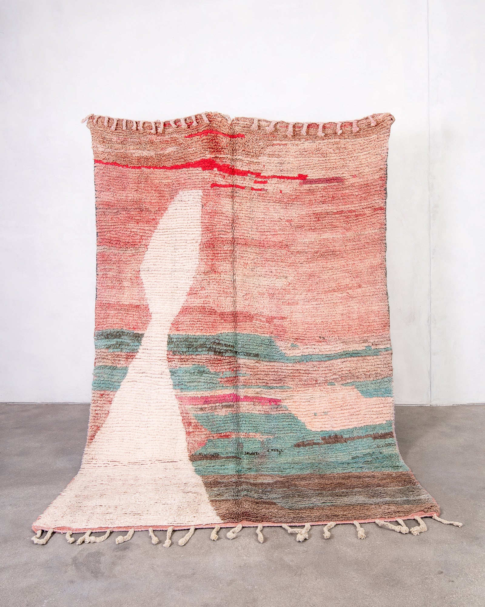 Modern, designer, handcrafted Berber rug from Morocco. Vintage carpet with beautiful colours and patterns and fluffy texture.