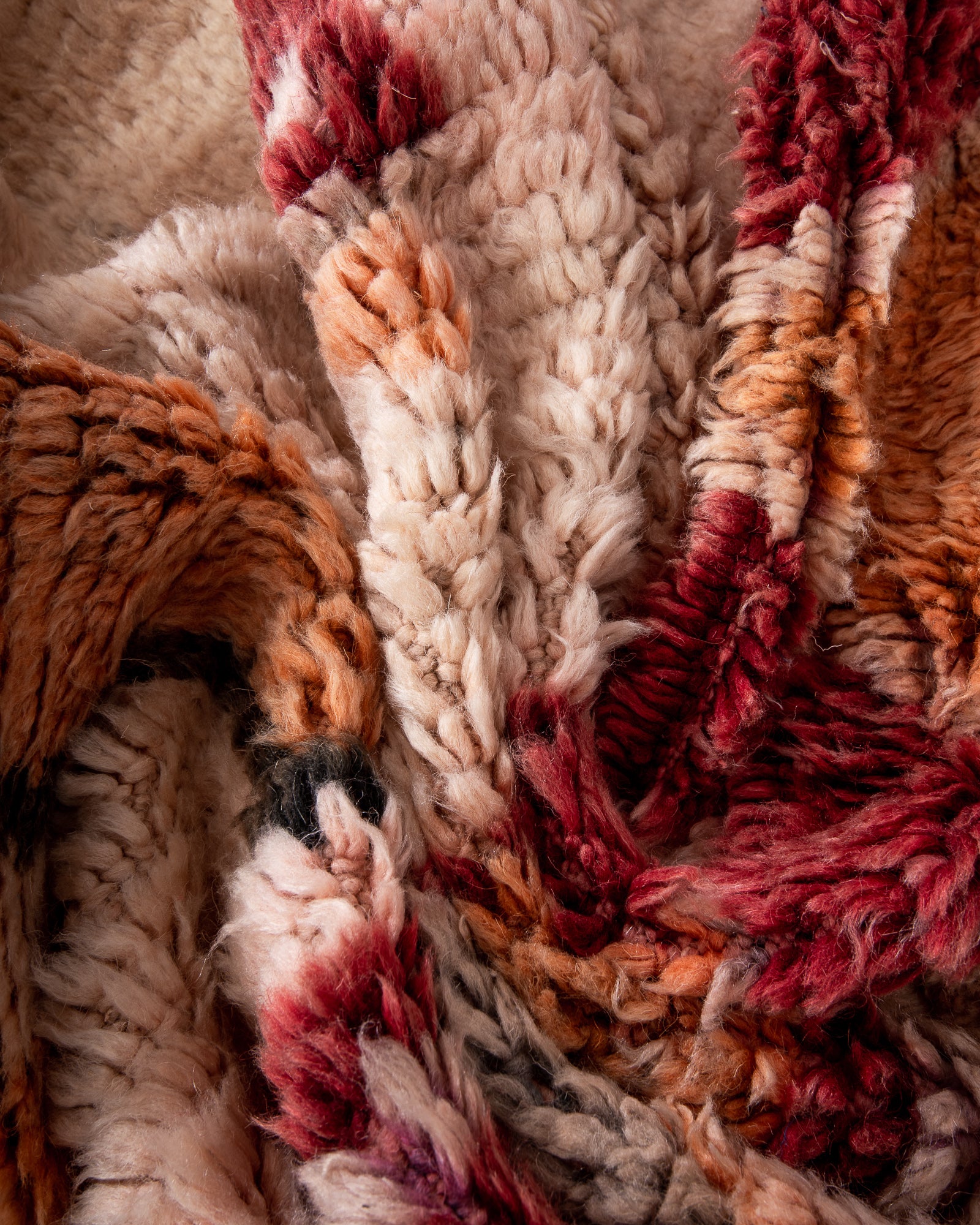 Modern, designer, handcrafted Berber rug from Morocco. Vintage carpet with beautiful colours and patterns and fluffy texture.