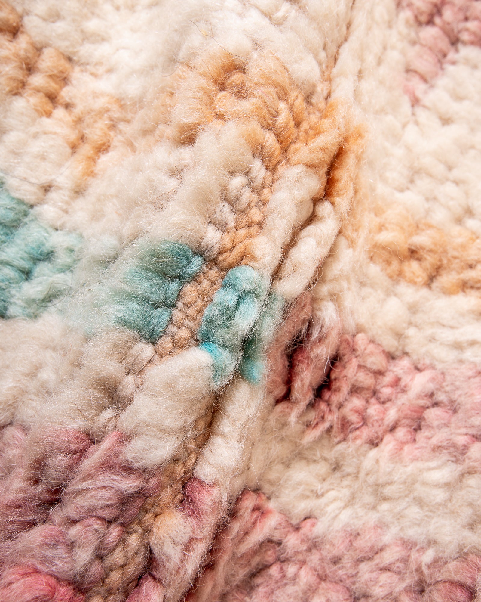 Modern, designer, handcrafted Berber rug from Morocco. Vintage carpet with beautiful colours and patterns and fluffy texture.