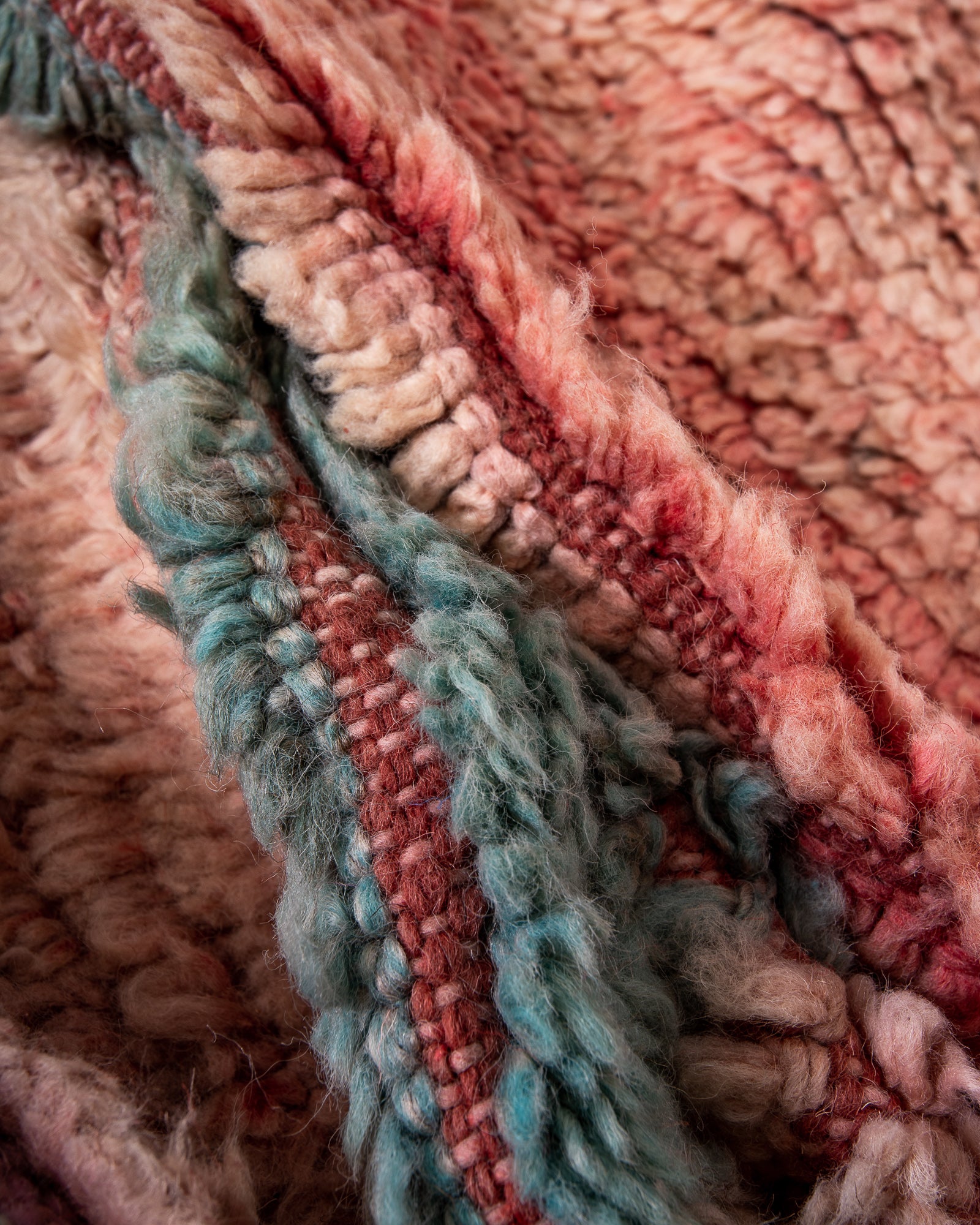 Modern, designer, handcrafted Berber rug from Morocco. Vintage carpet with beautiful colours and patterns and fluffy texture.