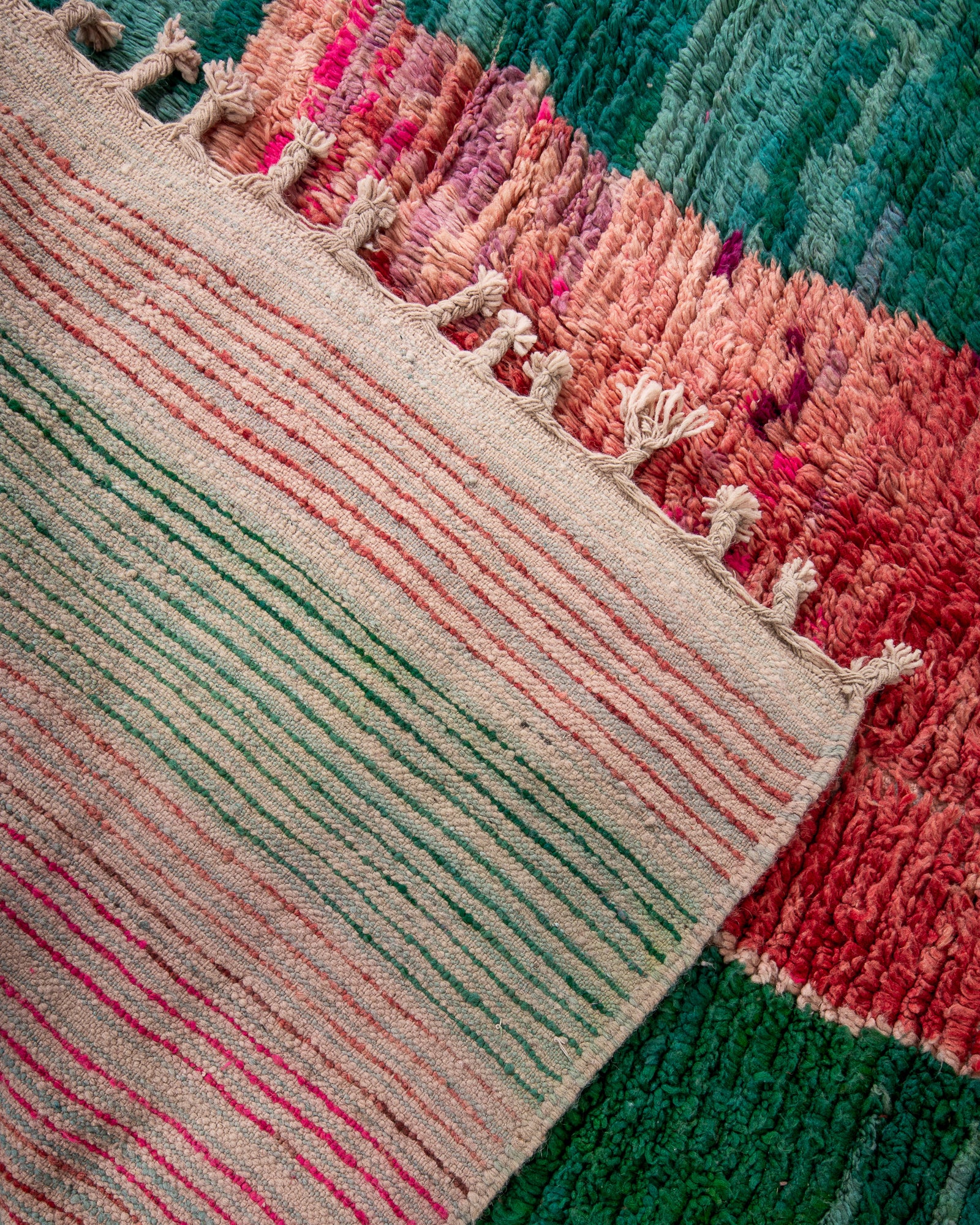 Modern, designer, handcrafted Berber rug from Morocco. Vintage carpet with beautiful colours and patterns and fluffy texture.