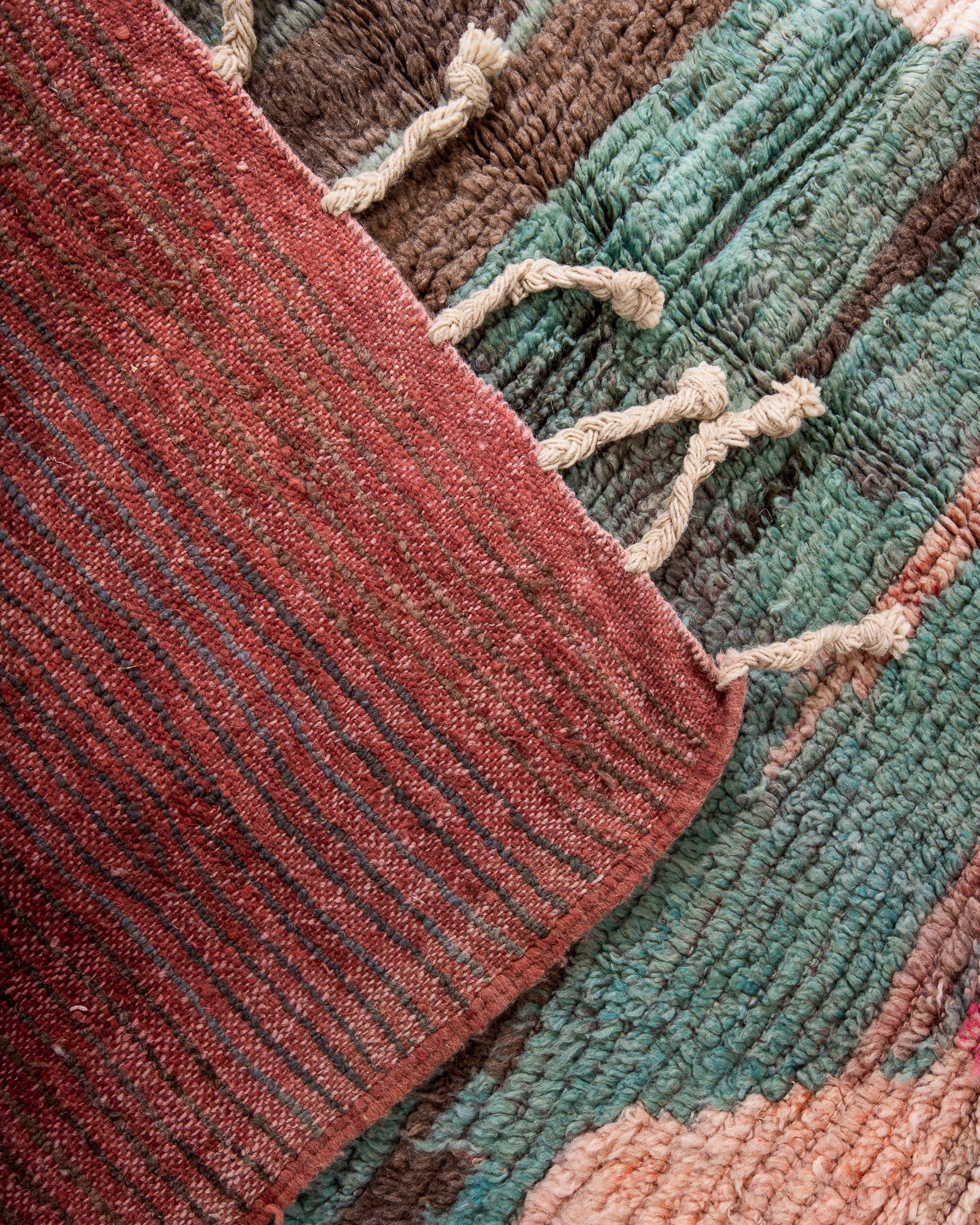 Modern, designer, handcrafted Berber rug from Morocco. Vintage carpet with beautiful colours and patterns and fluffy texture.